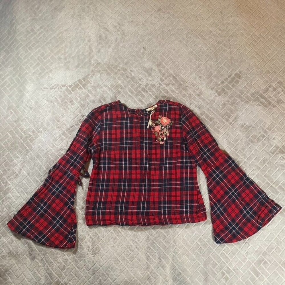 Womens Medium Plaid Flannel Shirt Long Flare Sleeve Floral Embroidered Christmas